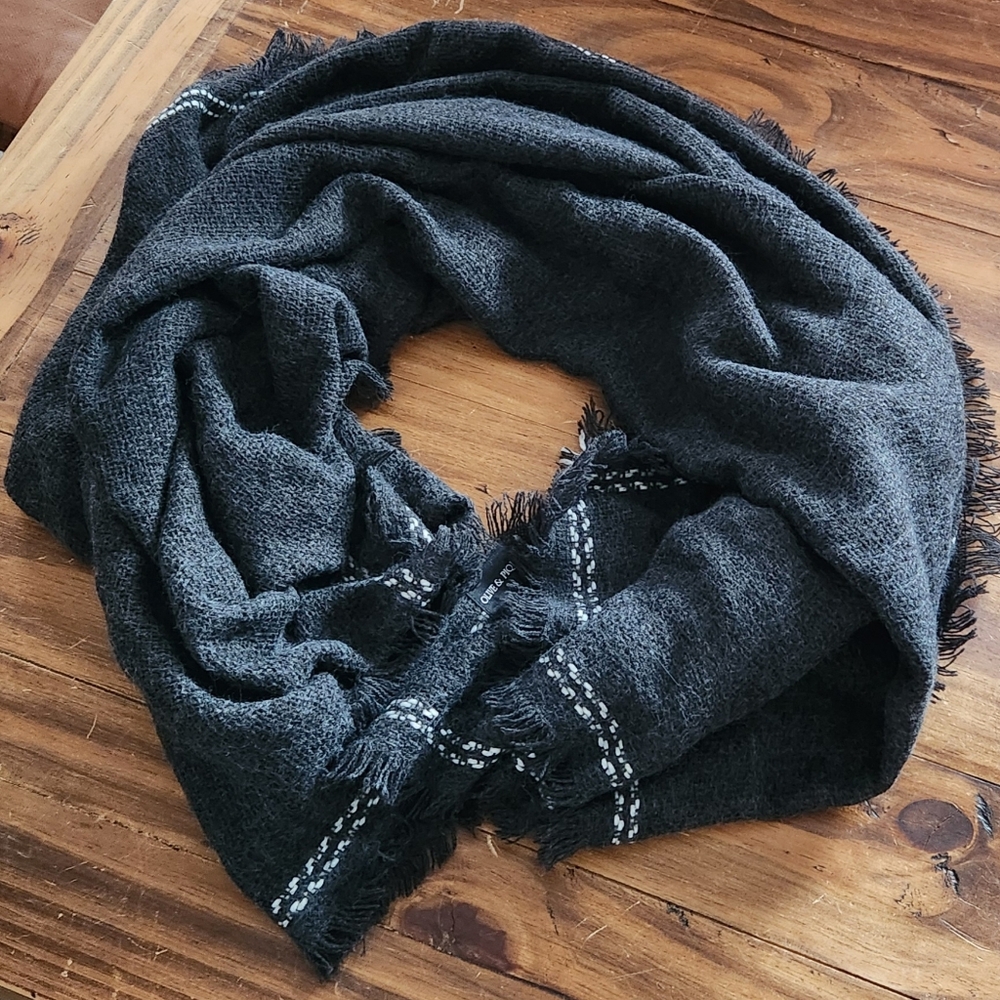 Olive & Pique Gray Scarf Shawl Blanket With White Stitching Designed In USA
